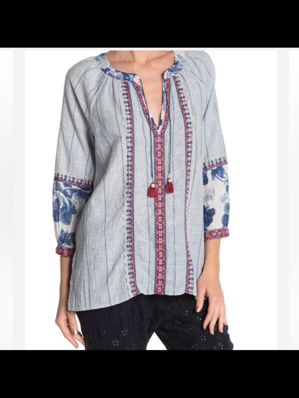 Johnny Was 3J Workshop Striped Floral Embroidered Peasant Blouse Boho Tassel